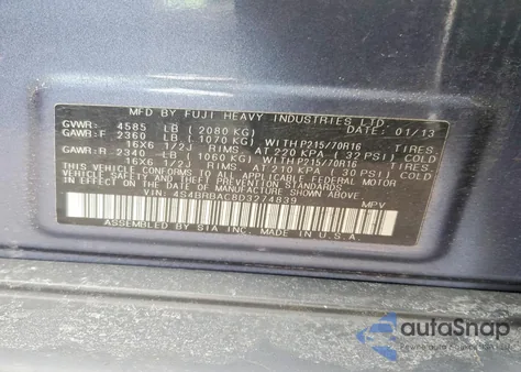 2013 Subaru Outback 2.5I из США, поврежденный, VIN 4S4BRBAC8D3274839